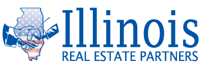 Logo of Illinois Real Estate Partners: Illinois outline with stars and stripes, hands holding a pen, and text.