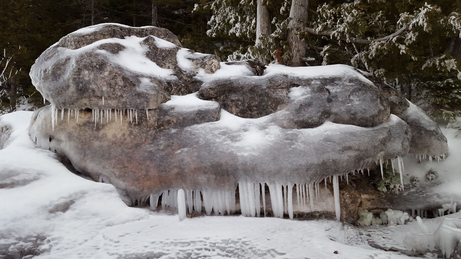 Snow-covered rocks with long icicles in a winter forest scene
