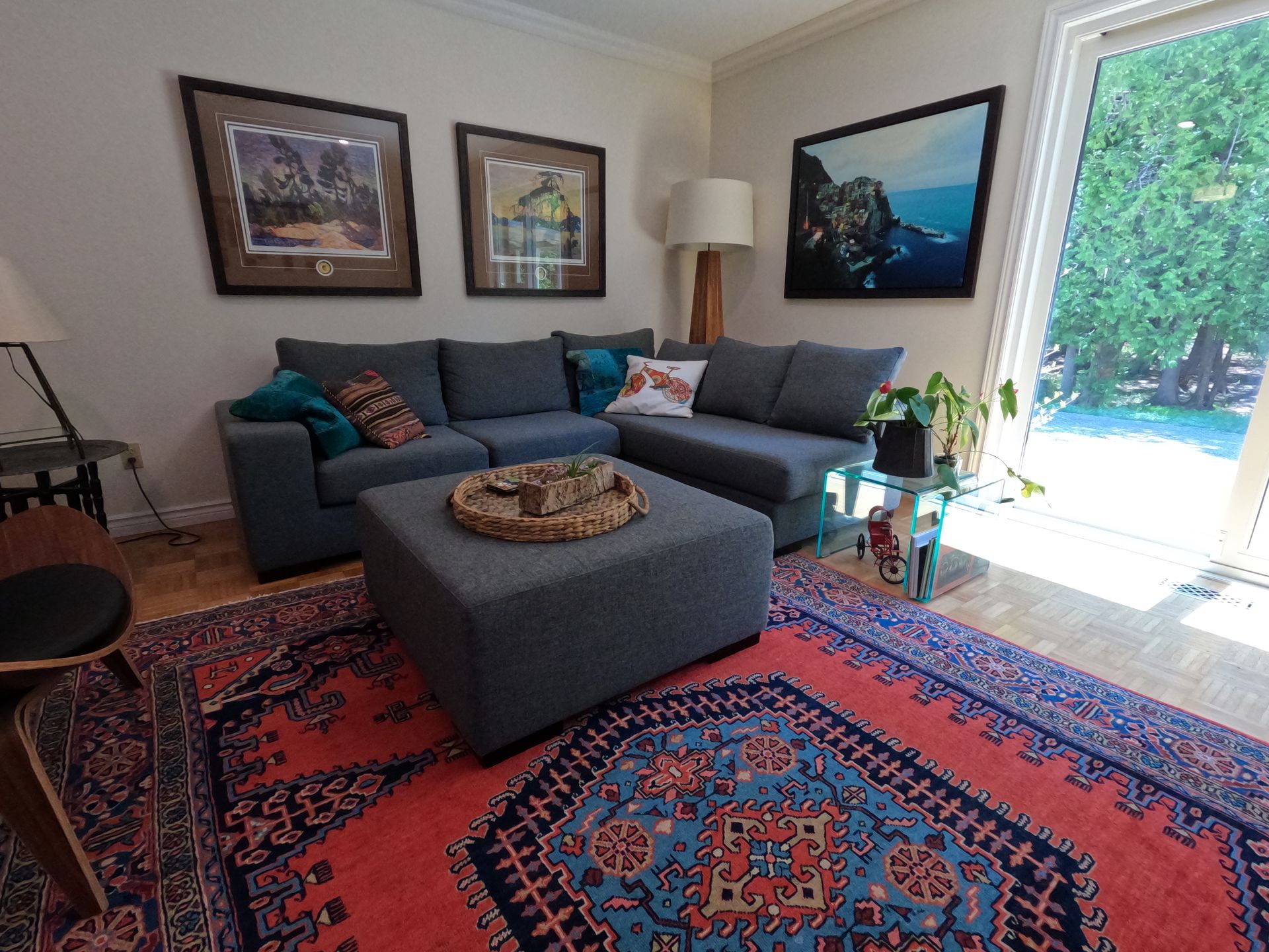 Cozy living room with teal sofa, patterned rug, ottoman, wall art, and bright patio doors.