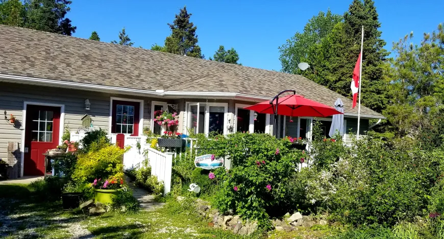 A cottage with a garden, red umbrellas, and a Canadian flag under a clear blue sky