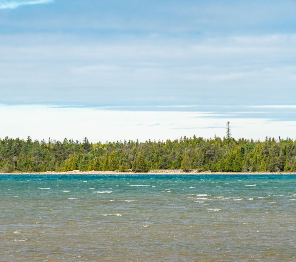 Choppy turquoise water with a forested shoreline under a pale blue sky