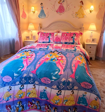 Habitación con temática de princesas, con papel tapiz rosa, lámparas encendidas y una colorida colcha de princesas Disney.