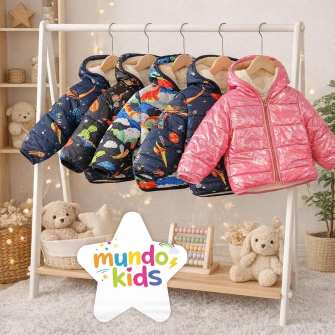 Chaquetas acolchadas infantiles en un perchero, de color azul marino y rosa, con el logotipo de “mundo kids” debajo.