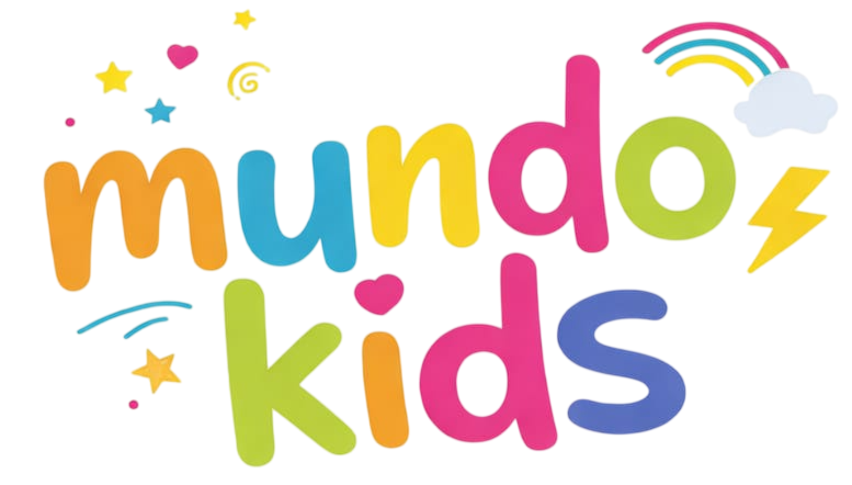 Logotipo colorido de “mundo kids” con estrellas, corazones, un arcoíris y un rayo.