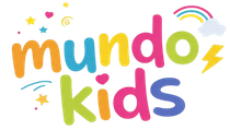 Logotipo colorido de “mundo kids” con estrellas, corazones, un arcoíris y un rayo.