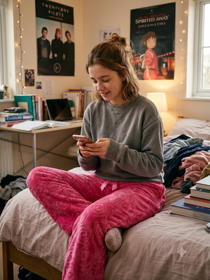 Una adolescente sentada en la cama, sonriendo a su teléfono en una acogedora habitación con pósteres y pilas de libros.