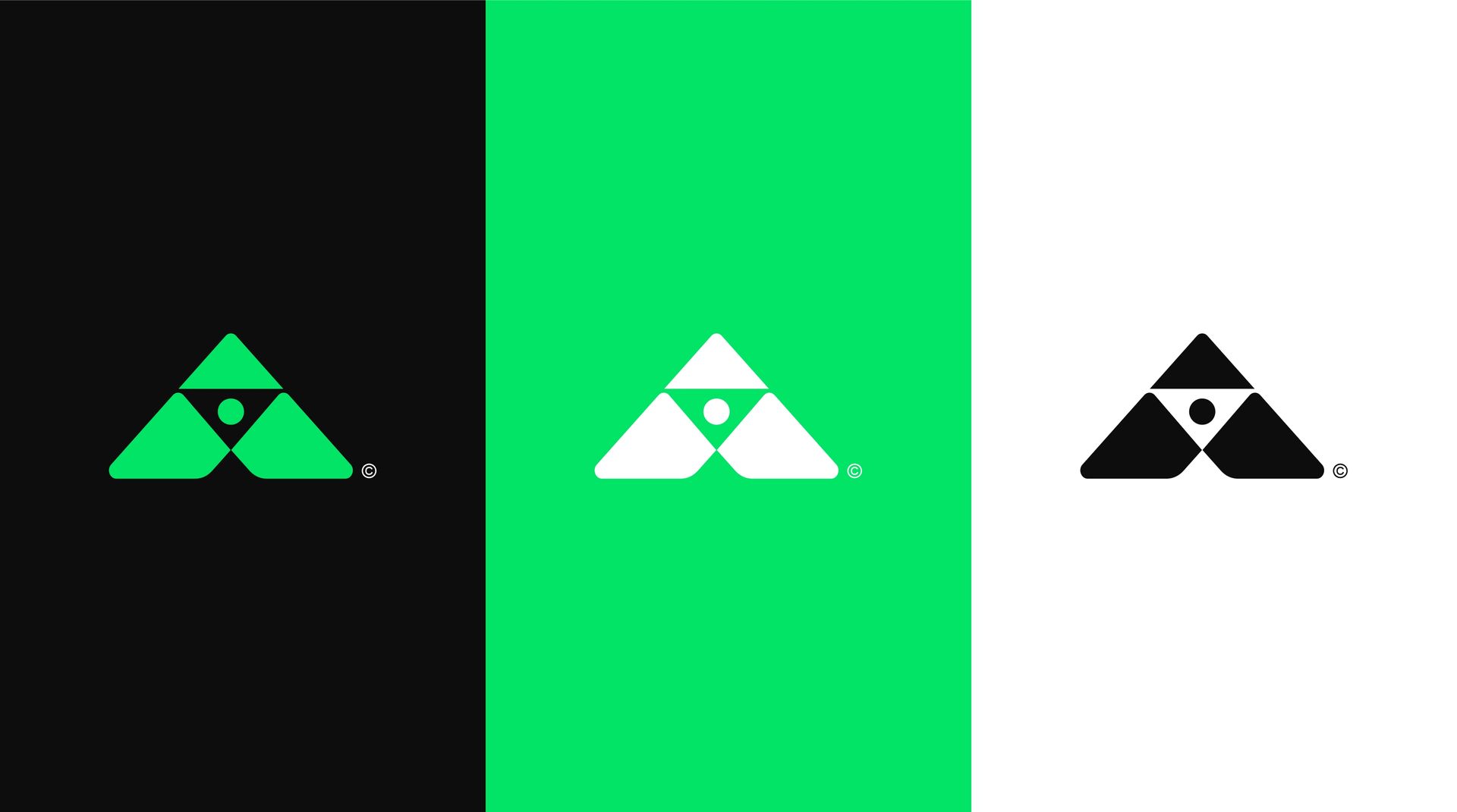 Um logotipo verde, preto e branco com um triângulo em um fundo preto, verde e branco.