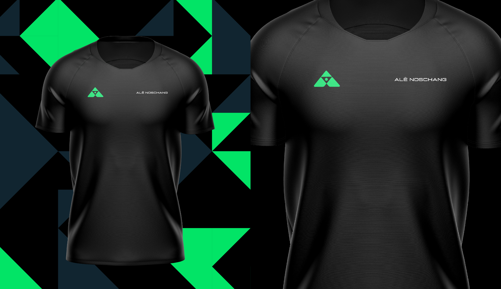 Uma camiseta preta com um triângulo verde na frente está em um fundo preto.