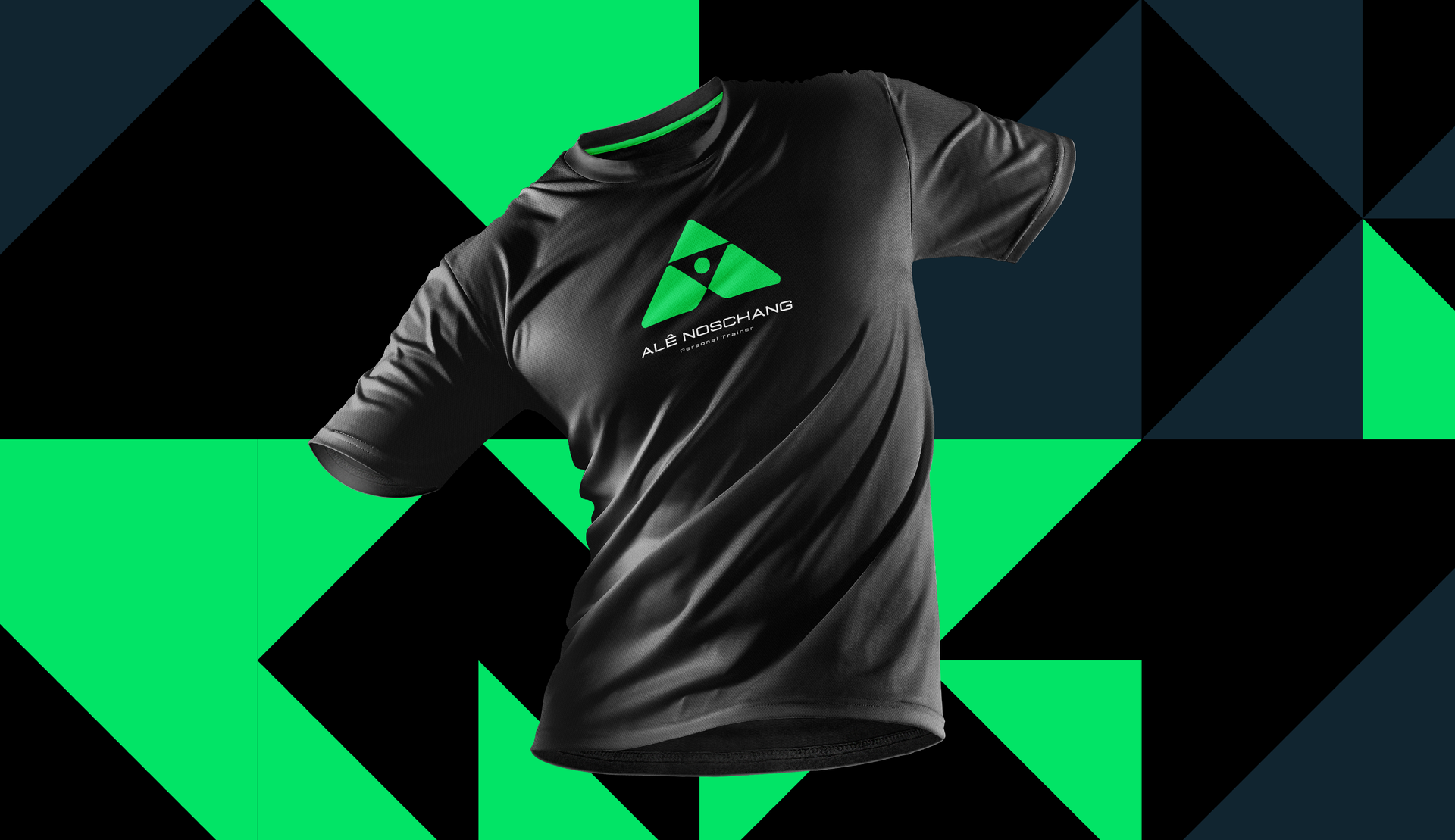 Uma camiseta preta está flutuando no ar sobre um fundo verde e preto.