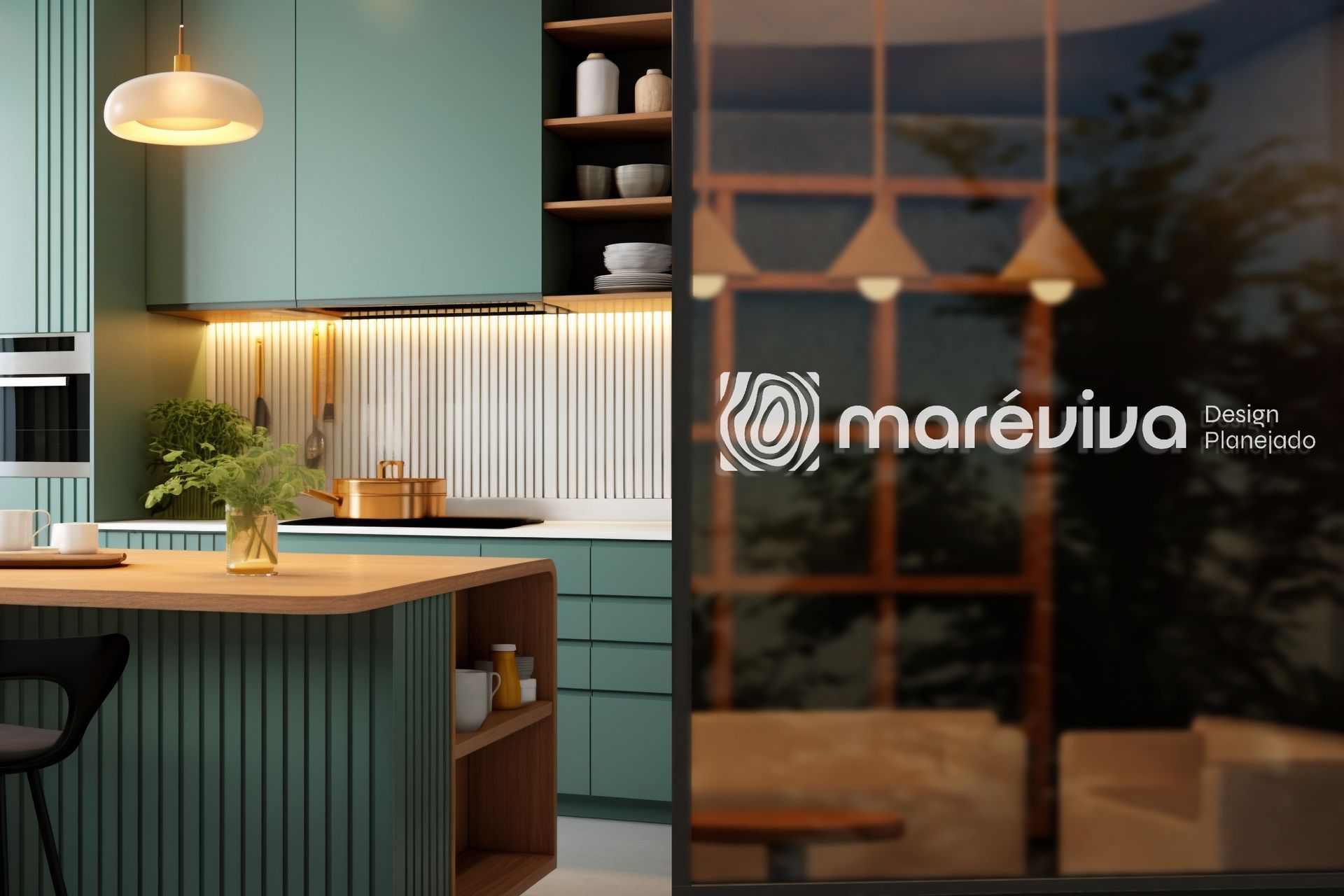 Imagem dividida em duas partes mostrando uma cozinha moderna em tons de azul-petróleo com detalhes em madeira e uma sobreposição desfocada do logotipo da