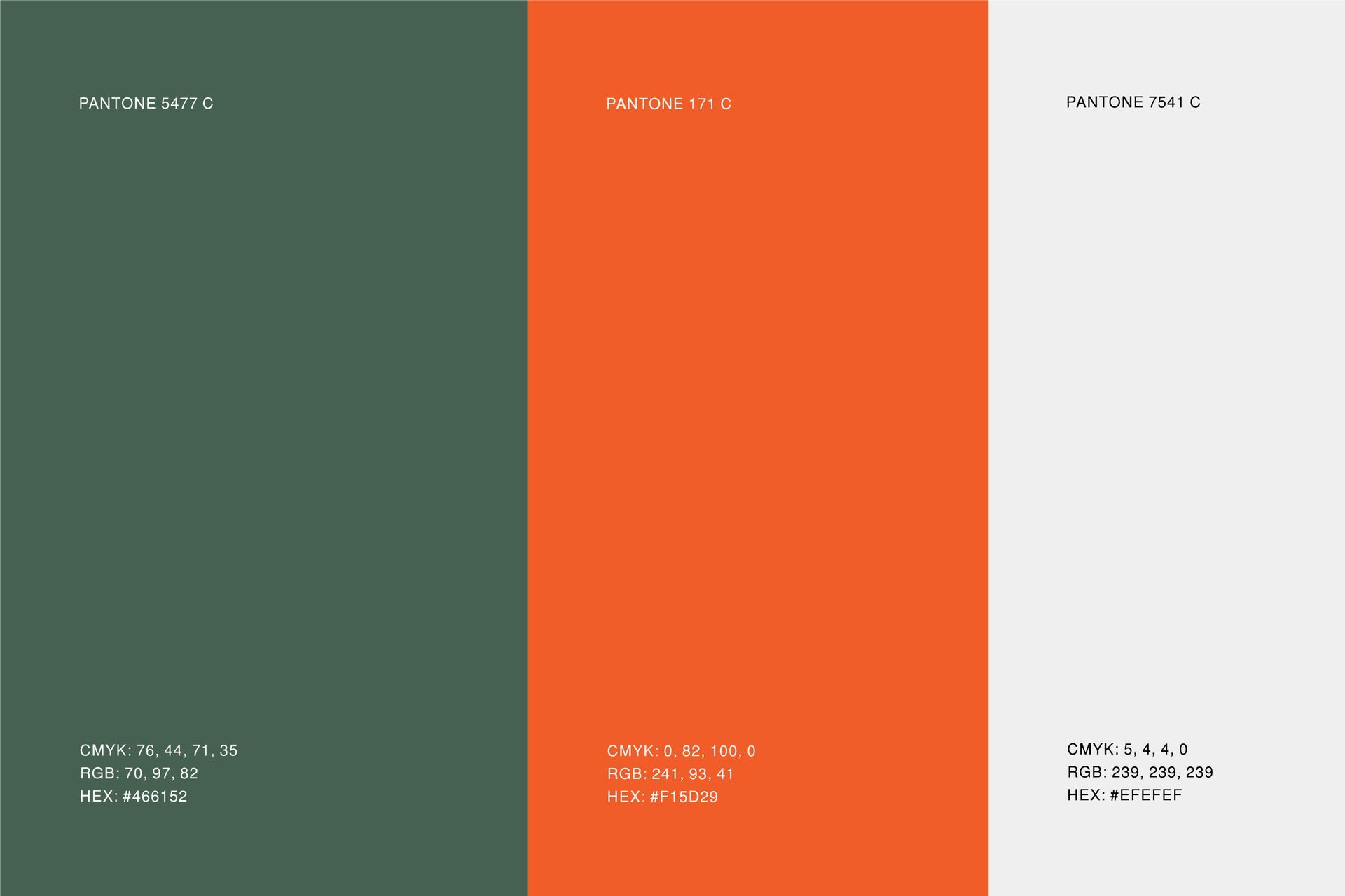 Uma paleta de cores exibindo três faixas verticais: verde escuro, laranja brilhante e cinza claro, com suas respectivas cores Pantone.