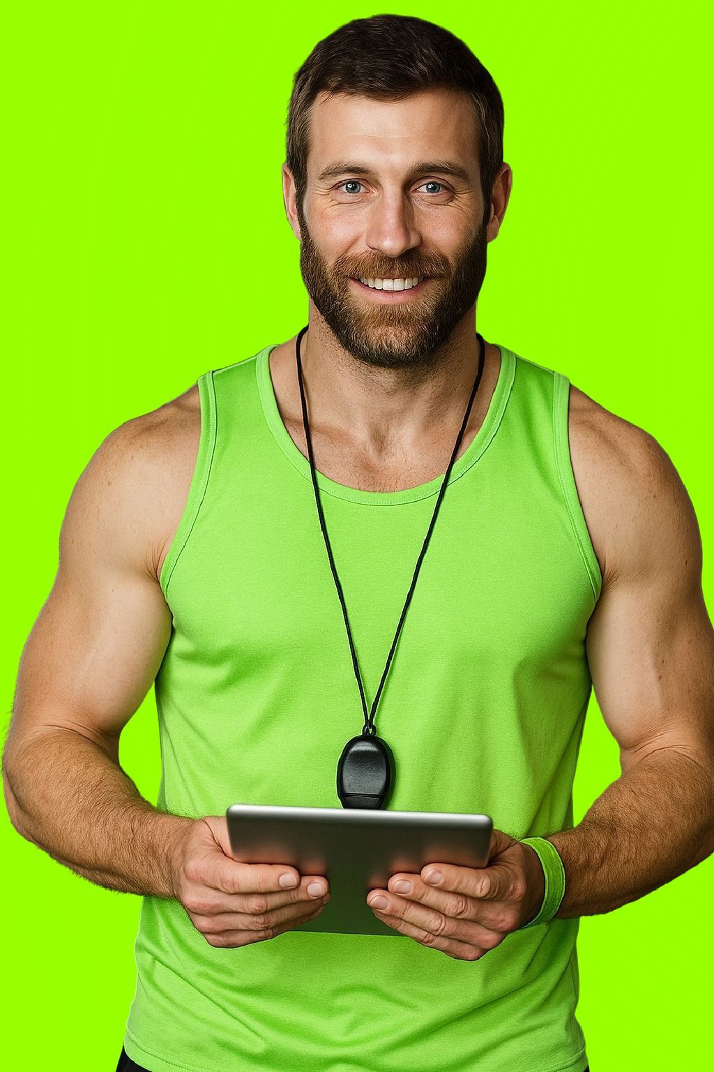 Uma instrutora de educação física sorridente, vestindo uma regata verde-limão, segura um tablet e tem um apito pendurado no pescoço contra um fundo verde.