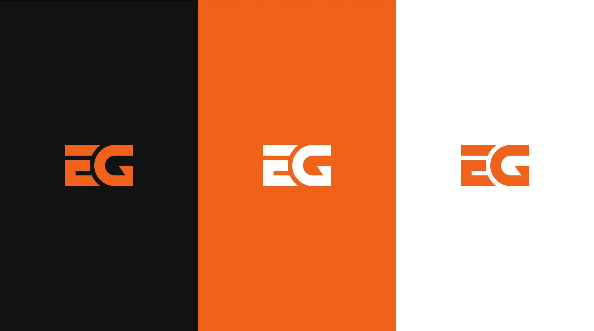 Um conjunto de três logotipos com as letras eg em um fundo preto, laranja e branco.