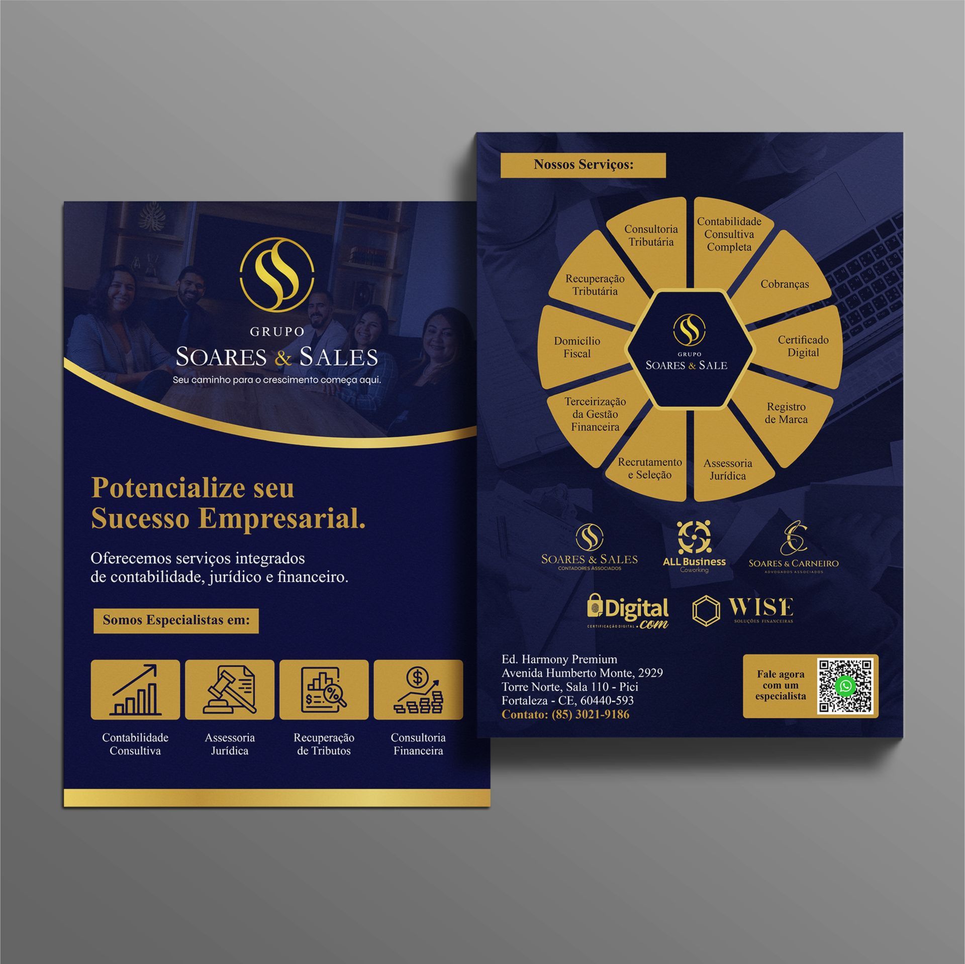 Um folheto azul e dourado para soares & sales