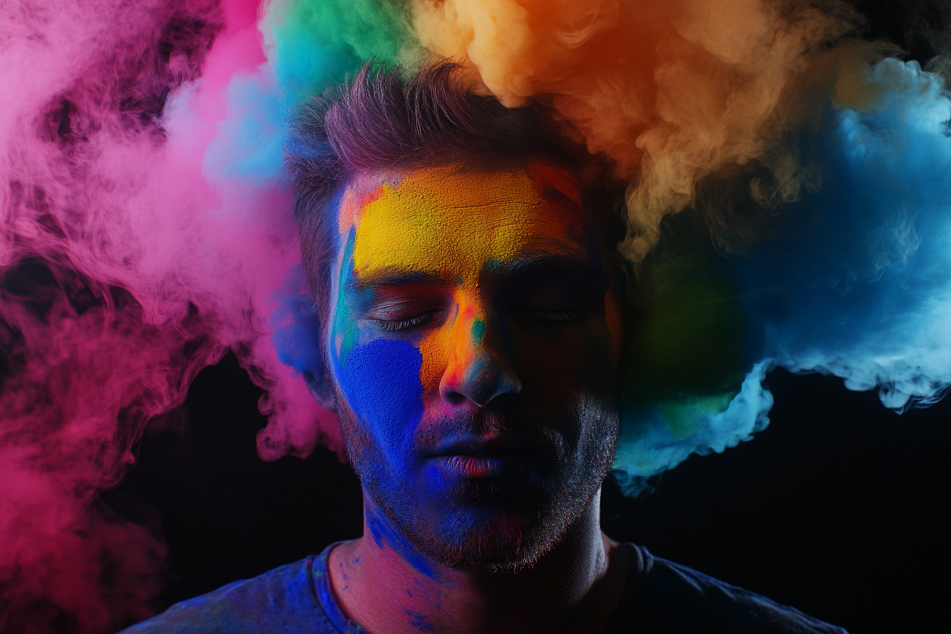 Uma ilustração colorida de um homem sob a influência das cores
