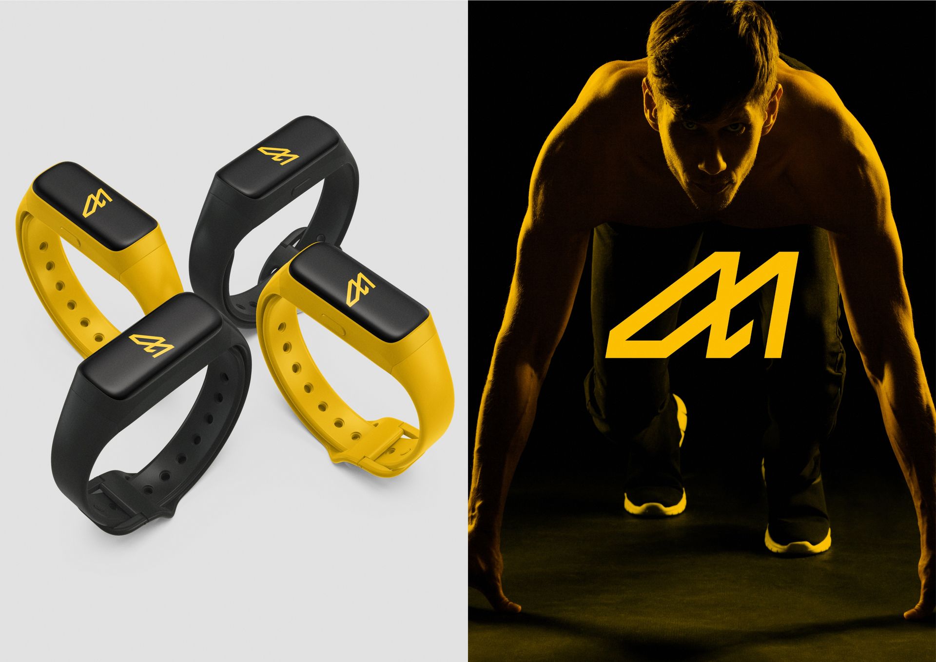 Yellow and black fitness trackers arranged with a logo matching the one over a person in a starting runner's crouch.