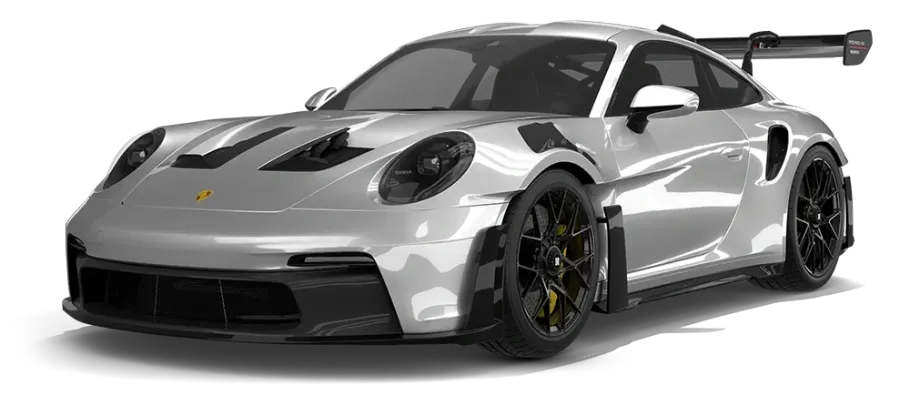 Silver sports car with black wheels and a large rear wing, shown in a studio setting