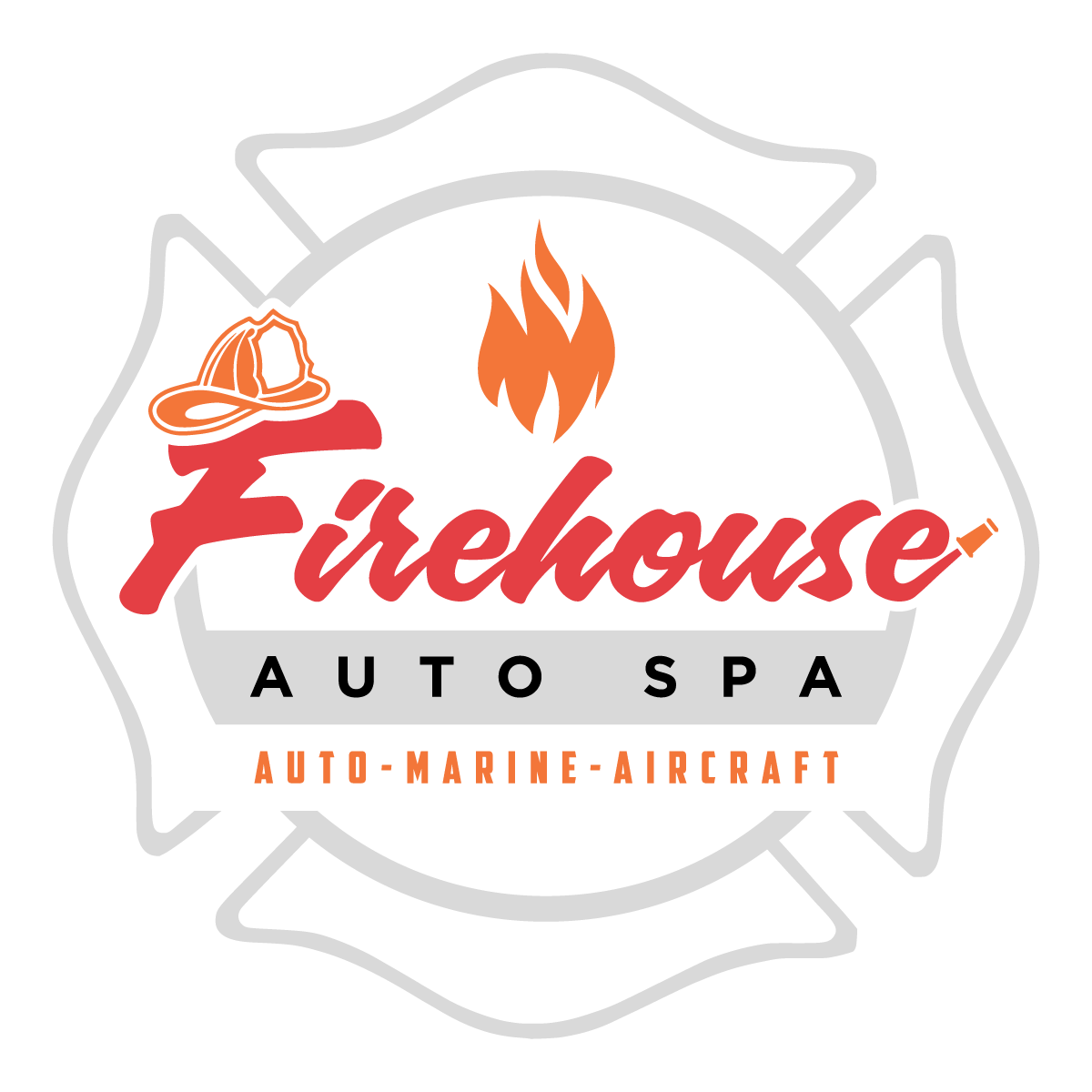 Firehouse Auto Spa logo with a fireman's hat, flame, and cross-shaped emblem.