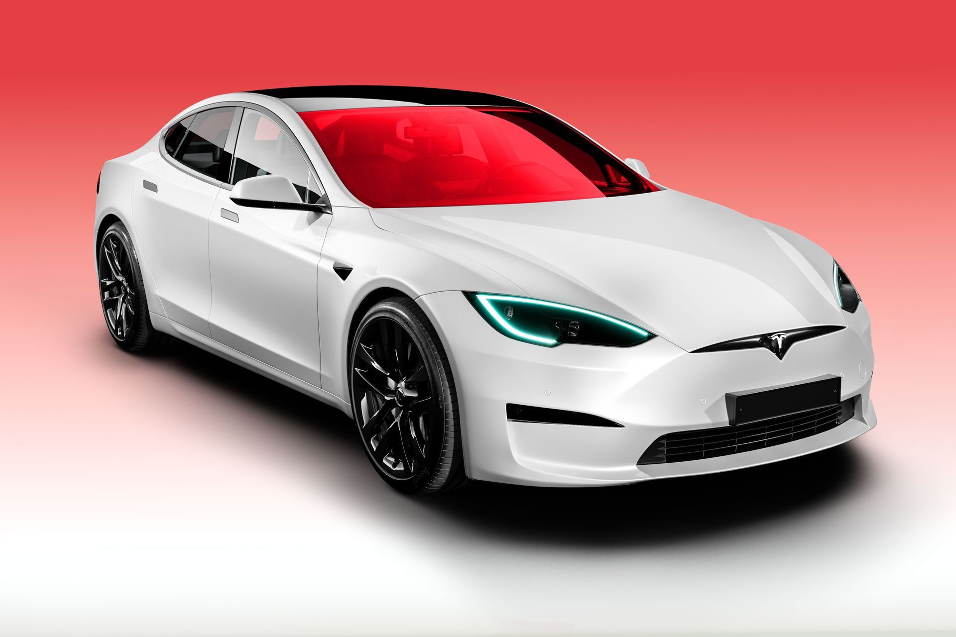 a white tesla model s with a red roof is on a red background .
