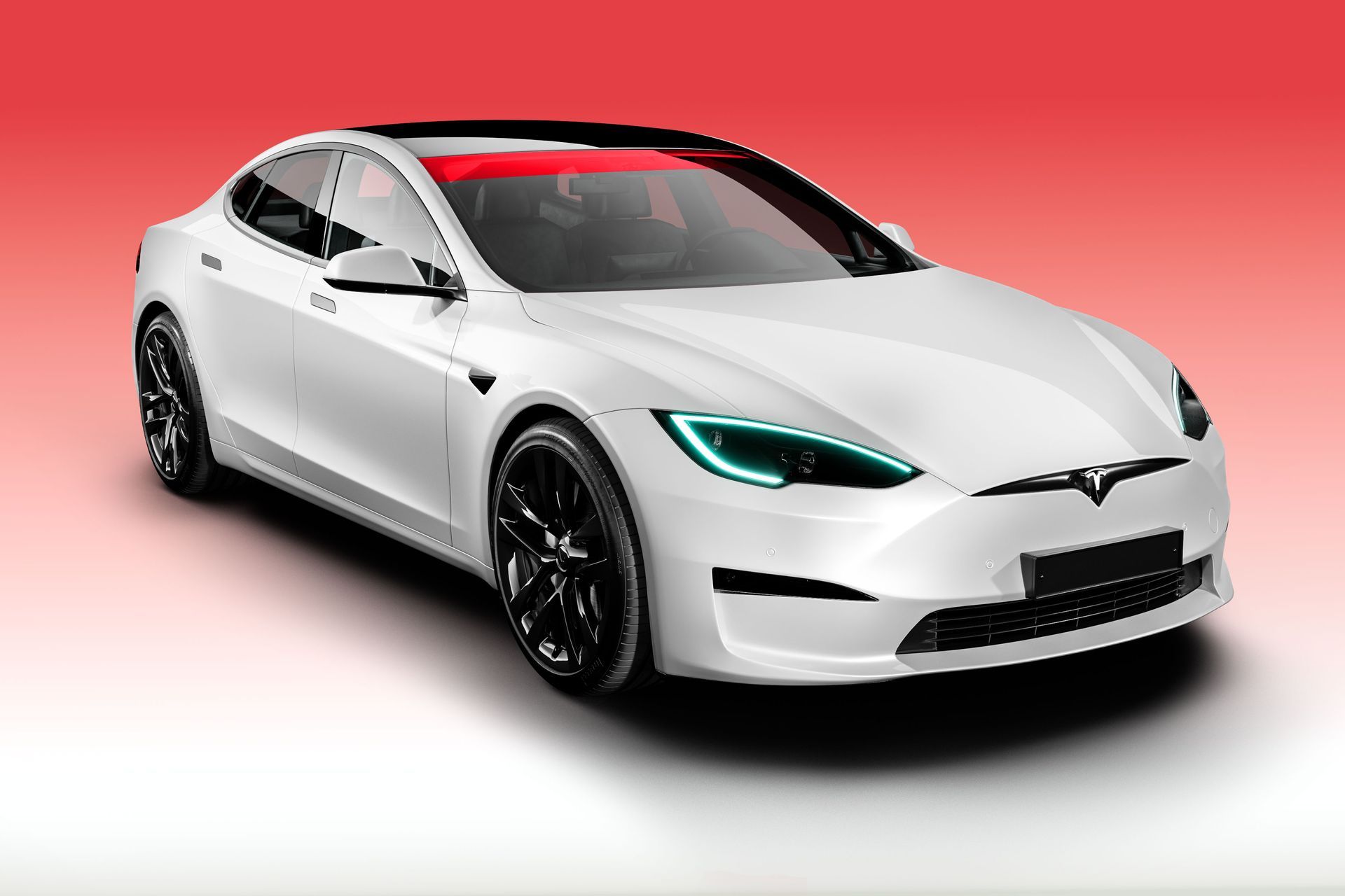 a white tesla model s is sitting on a red background .