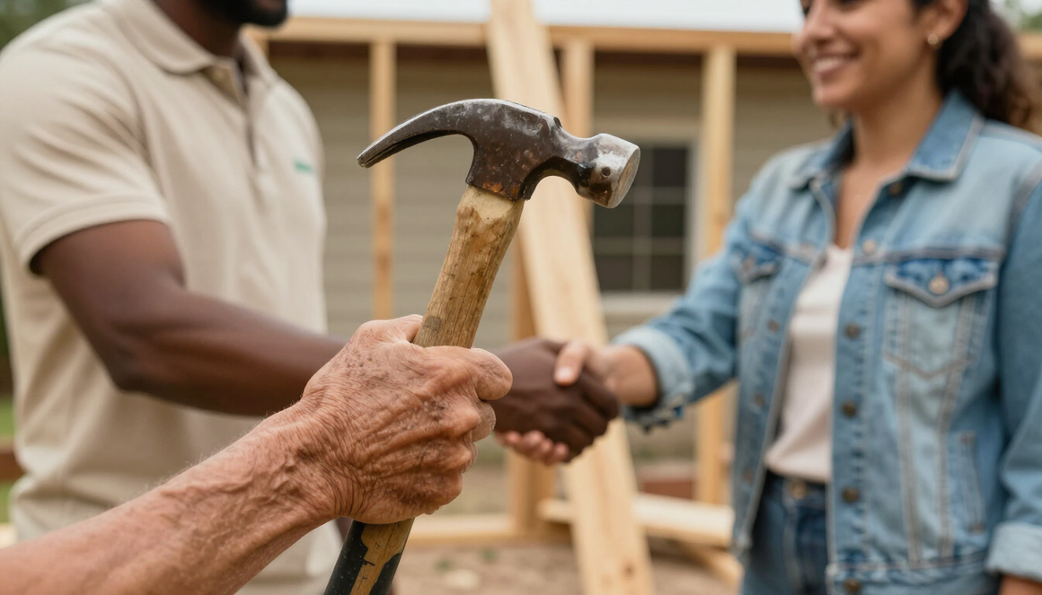 Volunteers shaking hands on a home repair job site