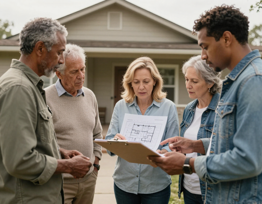 Volunteers from different churches reviewing plans outside a modest home