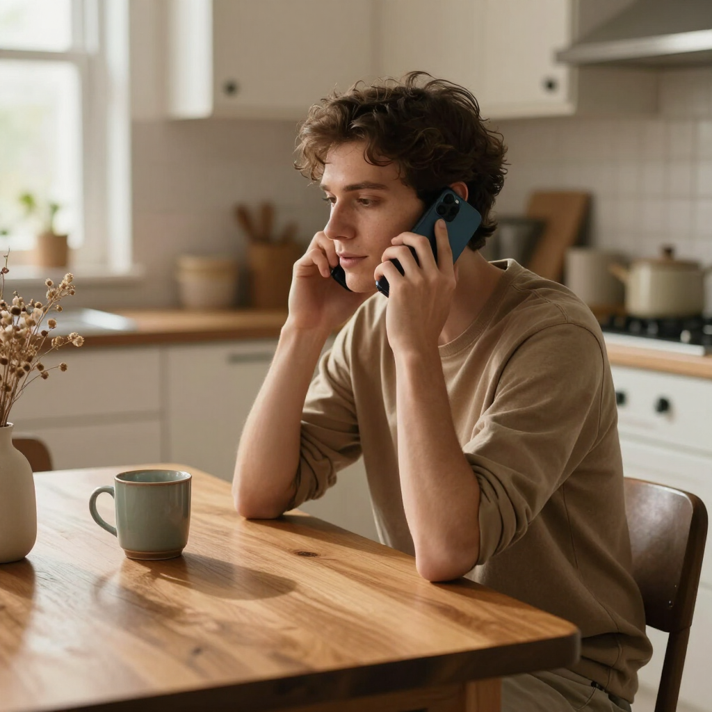 A phone call being taken at a kitchen table
