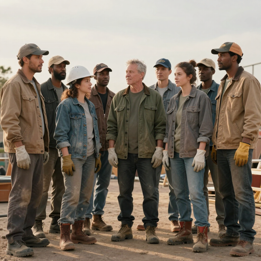 A group of volunteers in work clothes gathering before a job