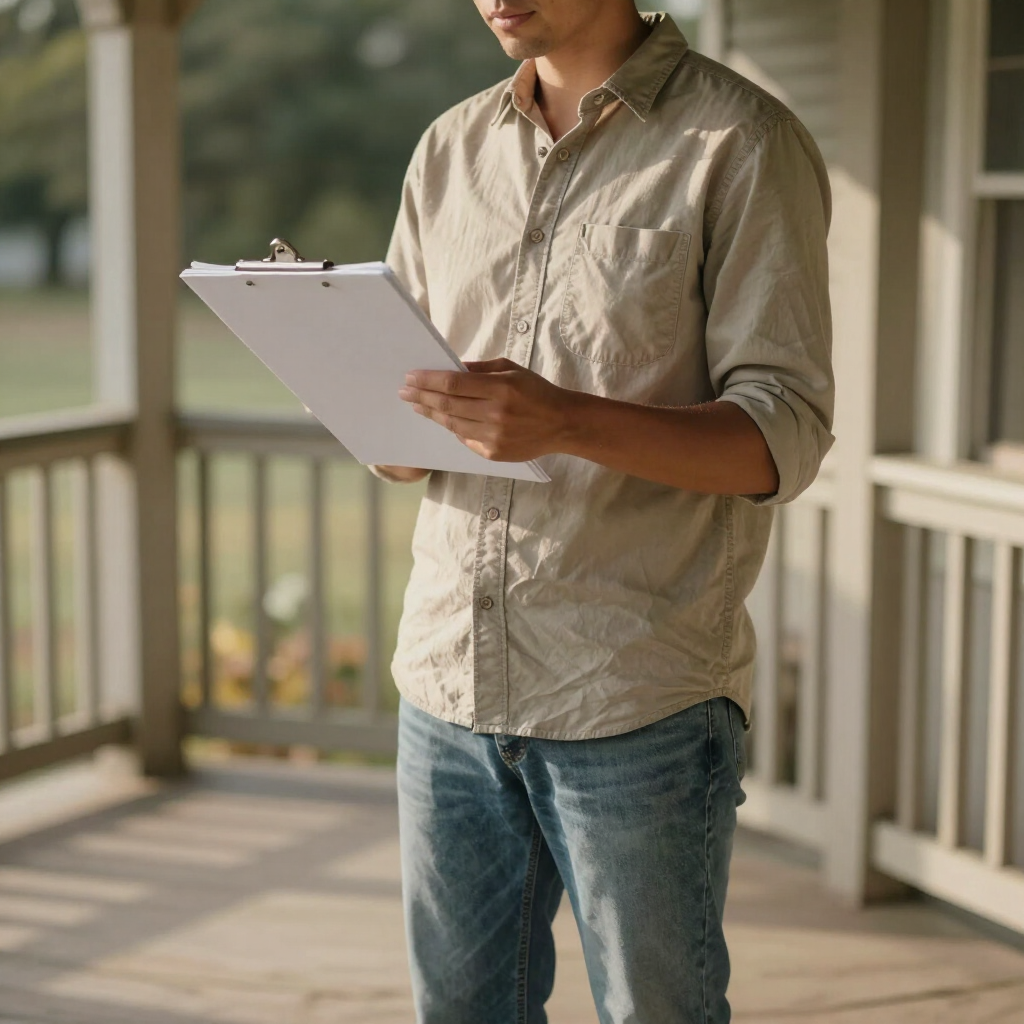 A coordinator with a clipboard on a porch