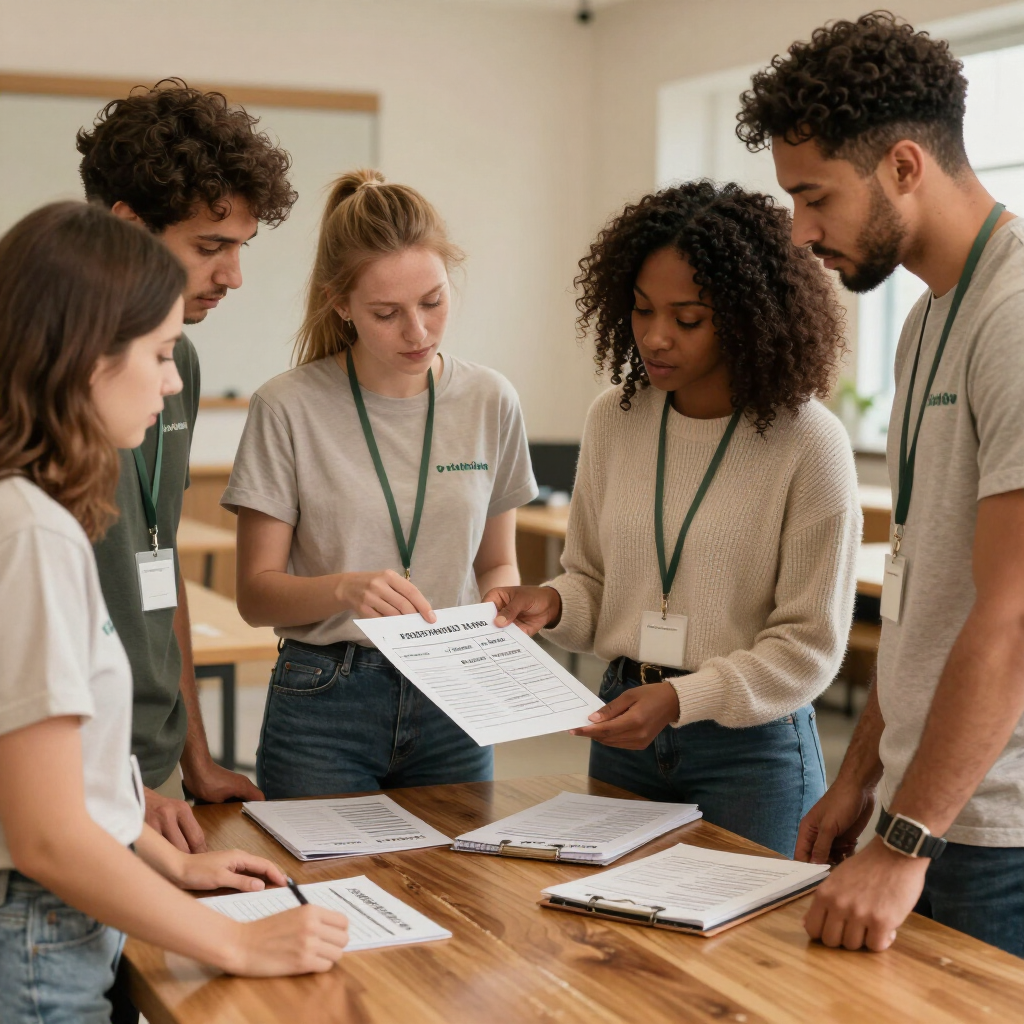 Volunteers reviewing a materials list