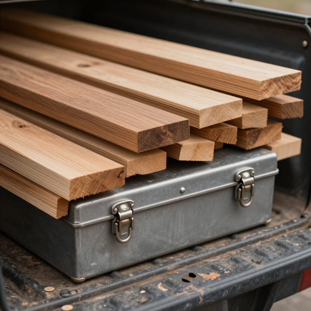 A small toolbox and lumber stacked in a truck bed