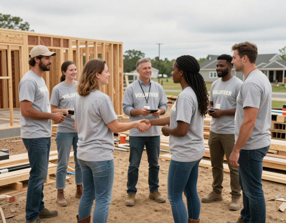 Church volunteer teams gathered outside a home project site