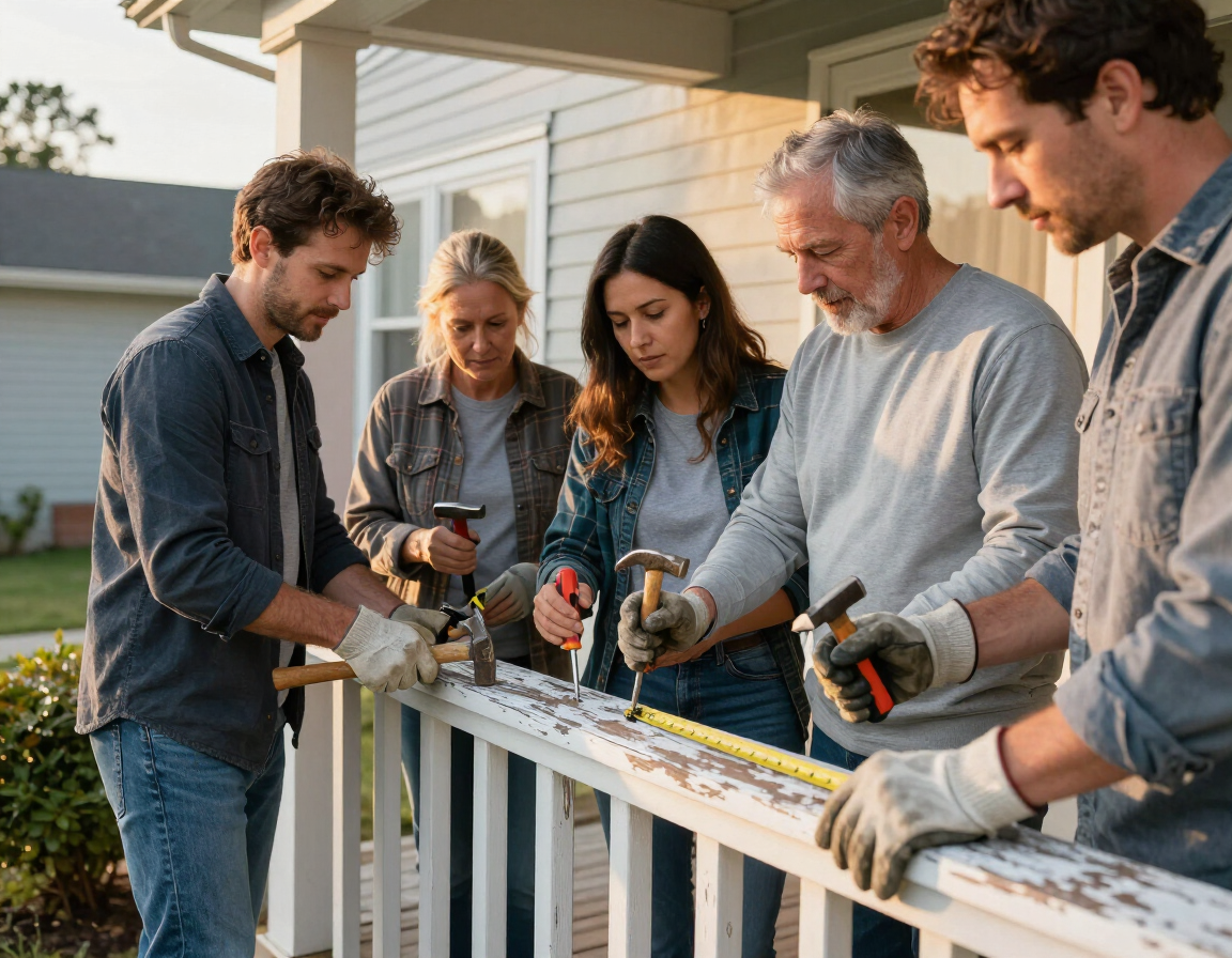 Volunteers repairing a porch railing together