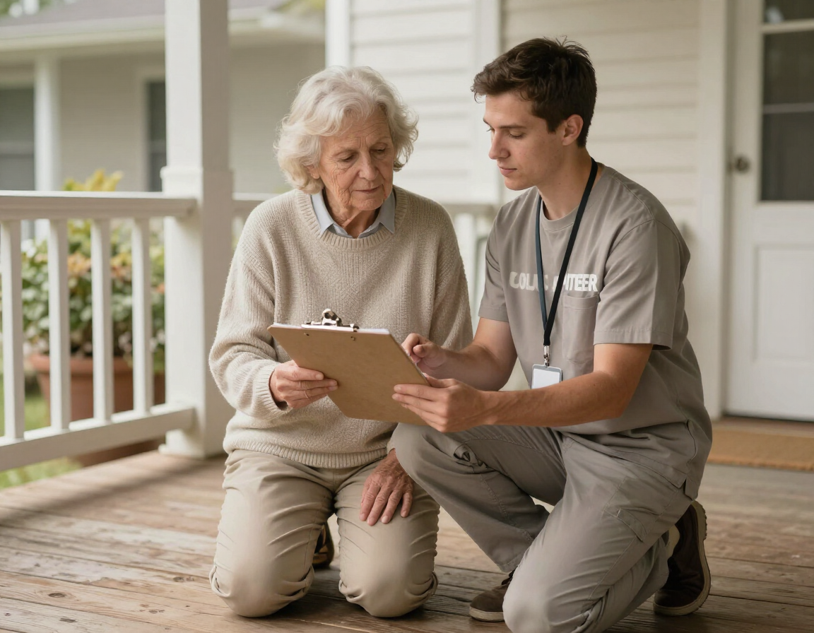 Volunteer kneeling beside an elderly homeowner on a porch, reviewing a clipboard together