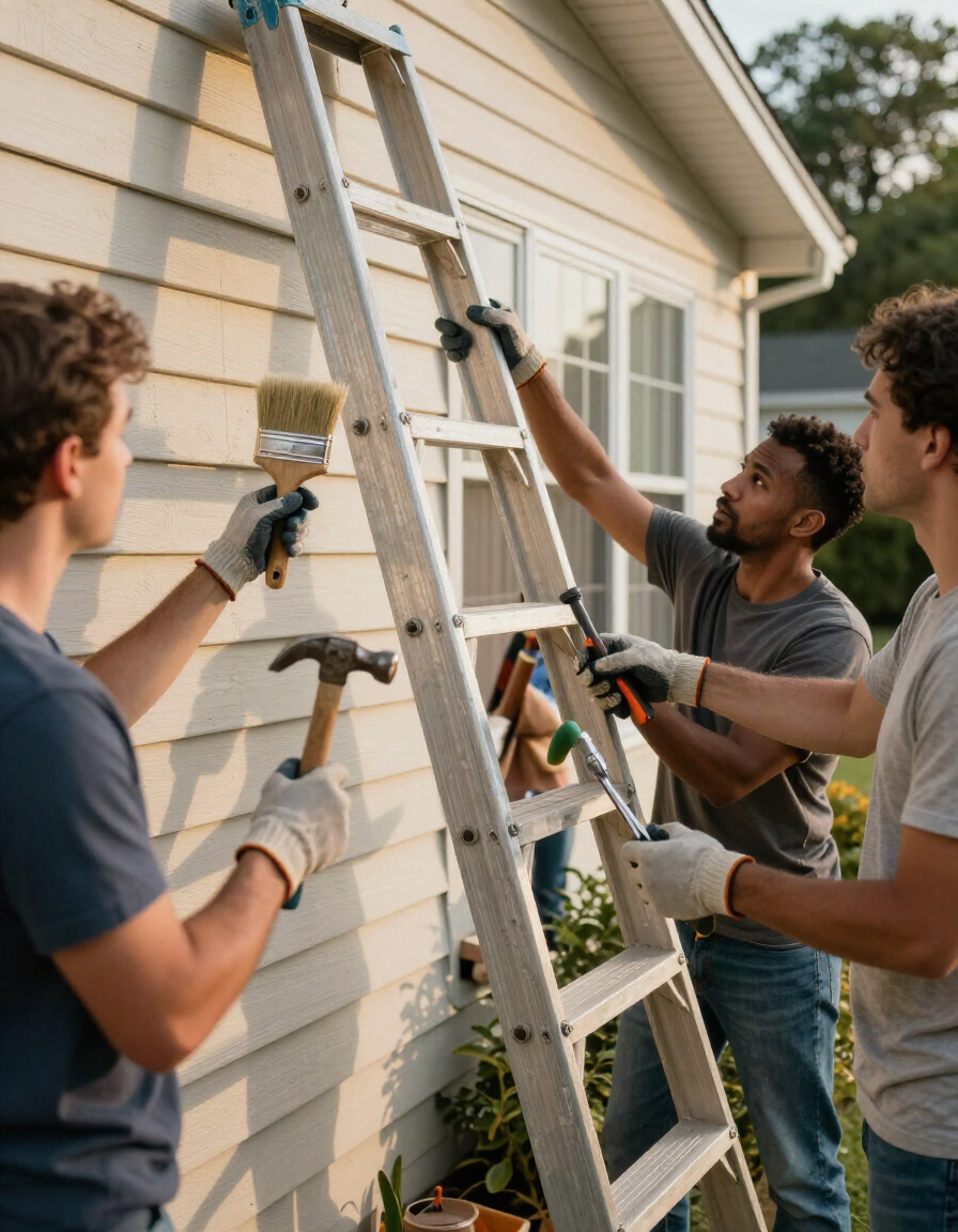 Volunteers working on a home exterior