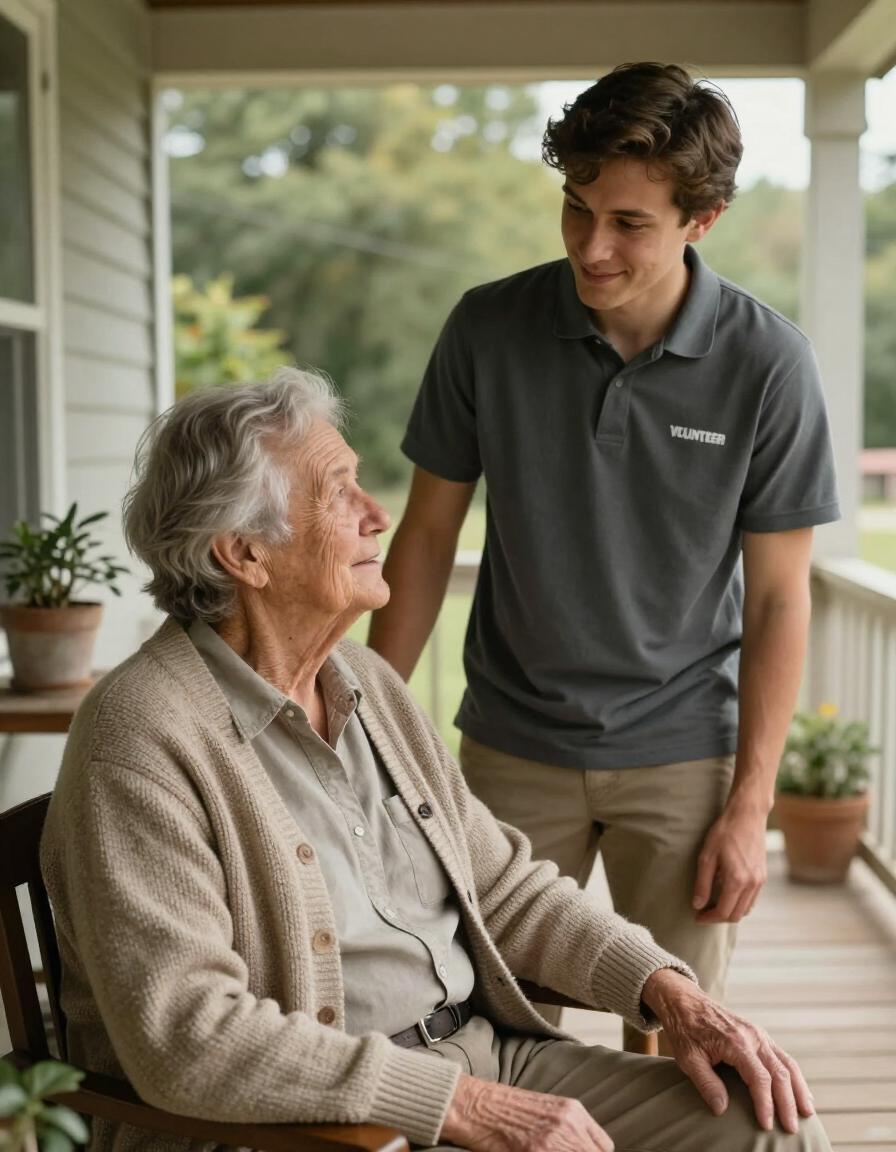 An elderly person and a volunteer sharing a warm moment