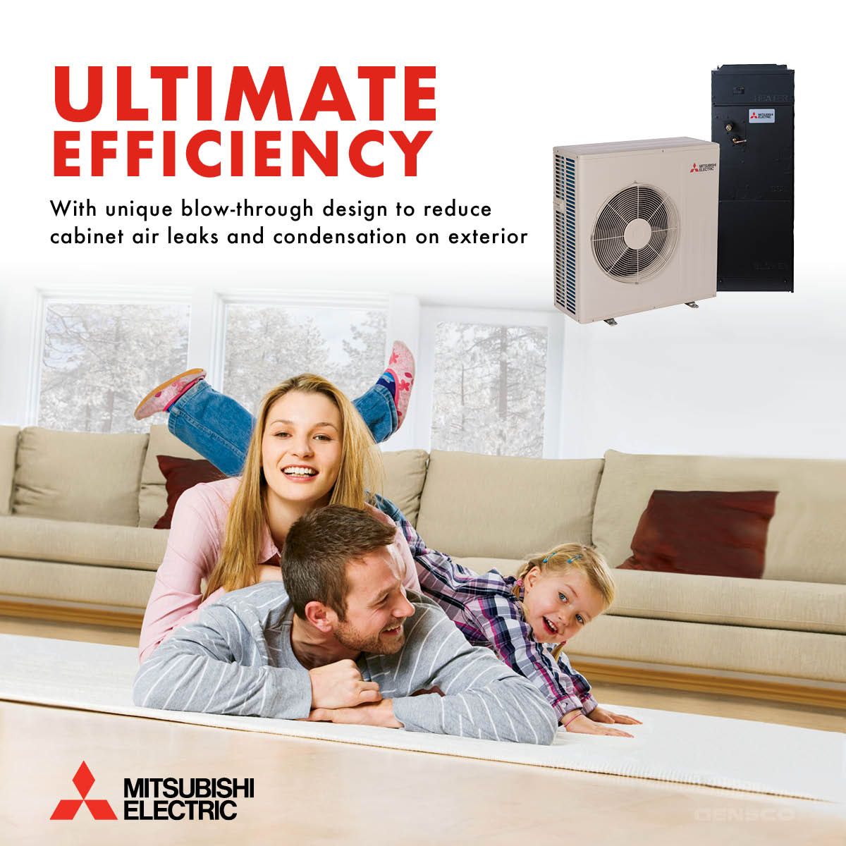 An advertisement for mitsubishi electric air conditioners with a family laying on the floor