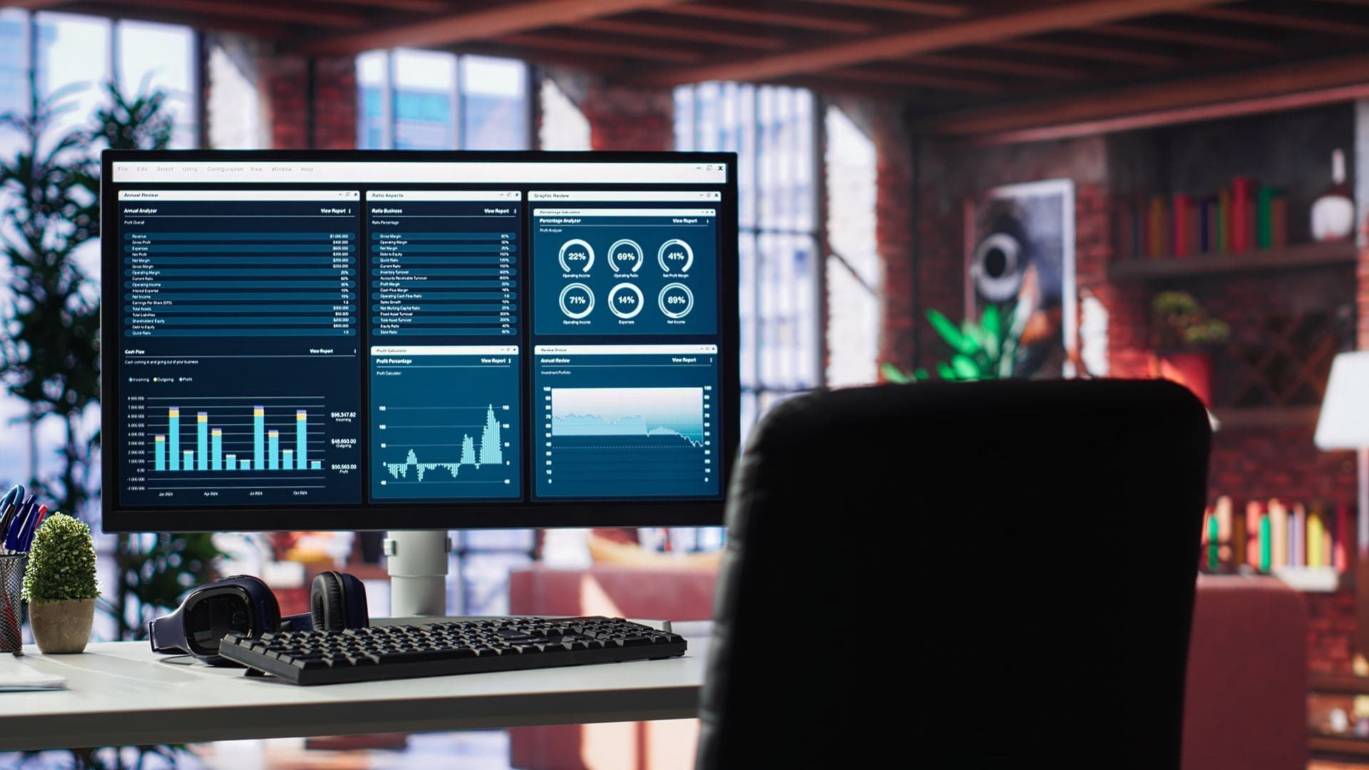 Desk with dual monitors showing analytics dashboards in a modern office workspace
