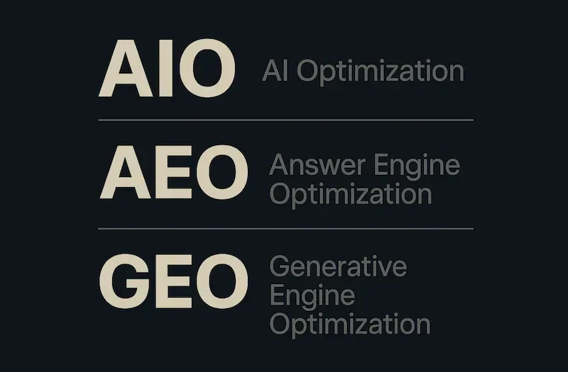 AIO, AEO, and GEO acronyms with AI, Answer Engine, and Generative Engine Optimization on dark background