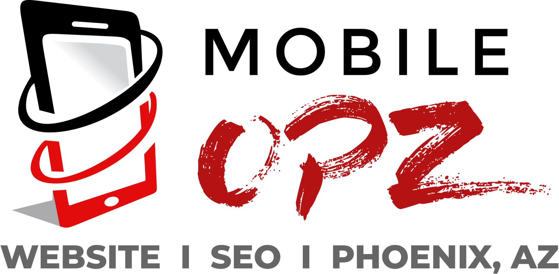 Logo for Mobile Opz, a website and SEO company in Phoenix, AZ. Features a phone graphic.