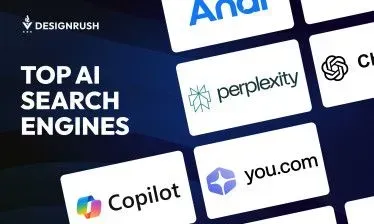 Graphic listing top AI search engines, including Perplexity, Copilot, and You.com, on a blue background
