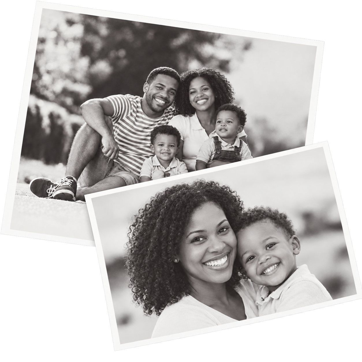 A black and white photo of a family with two children.