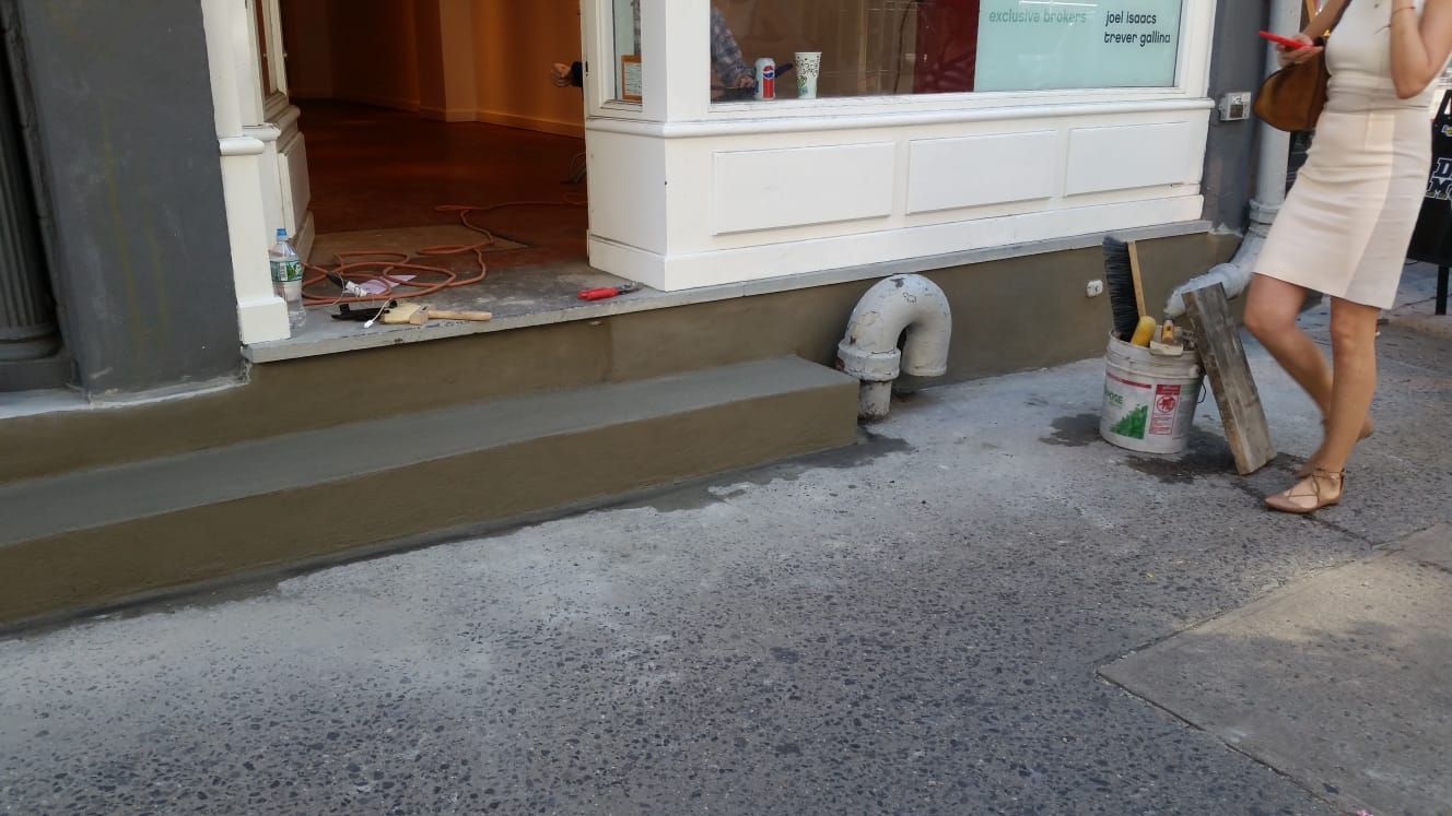 A shop entrance with a small dog at the step and a person standing beside a bucket and mop.