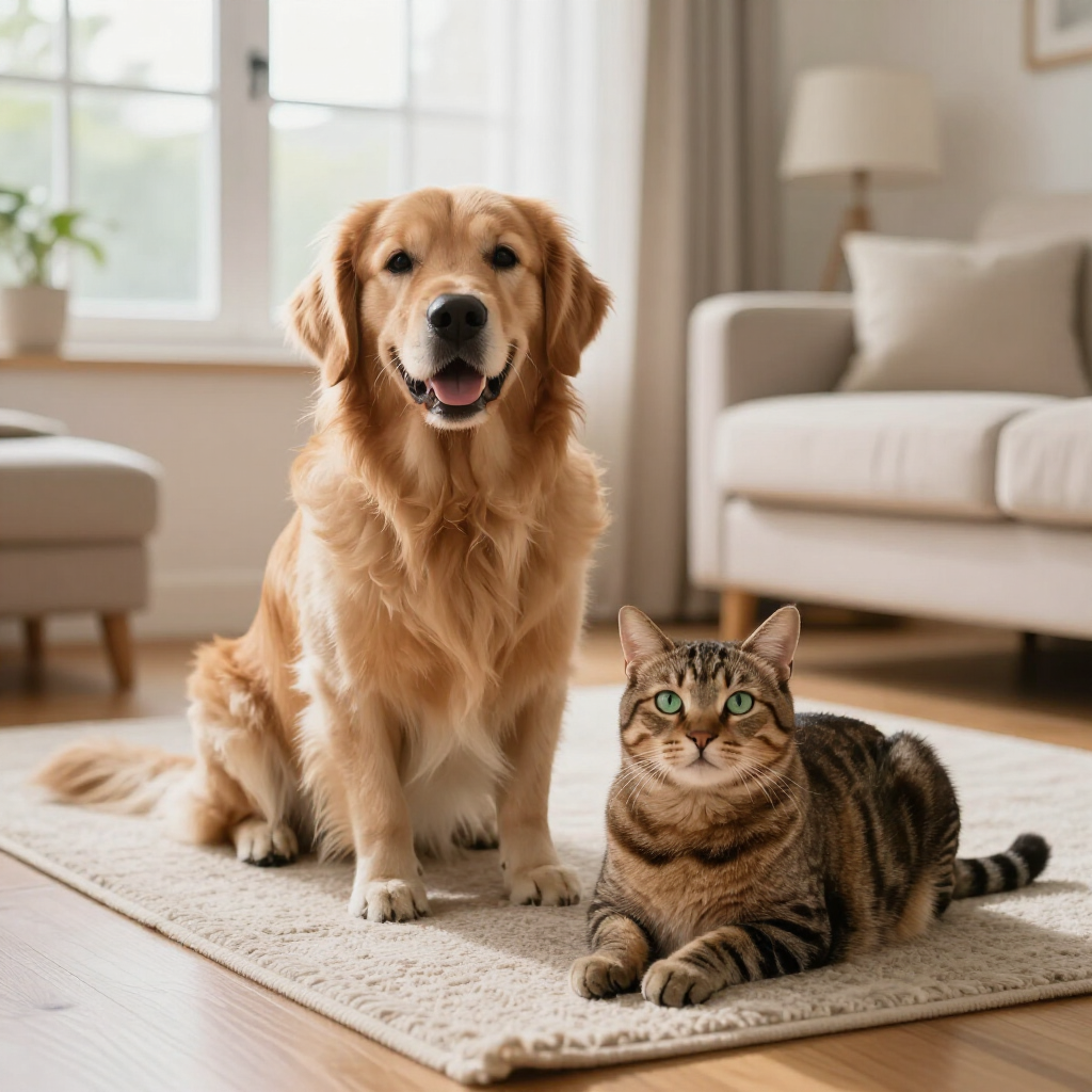 Golden retriever and tabby cat sitting together on a rug in a bright living room