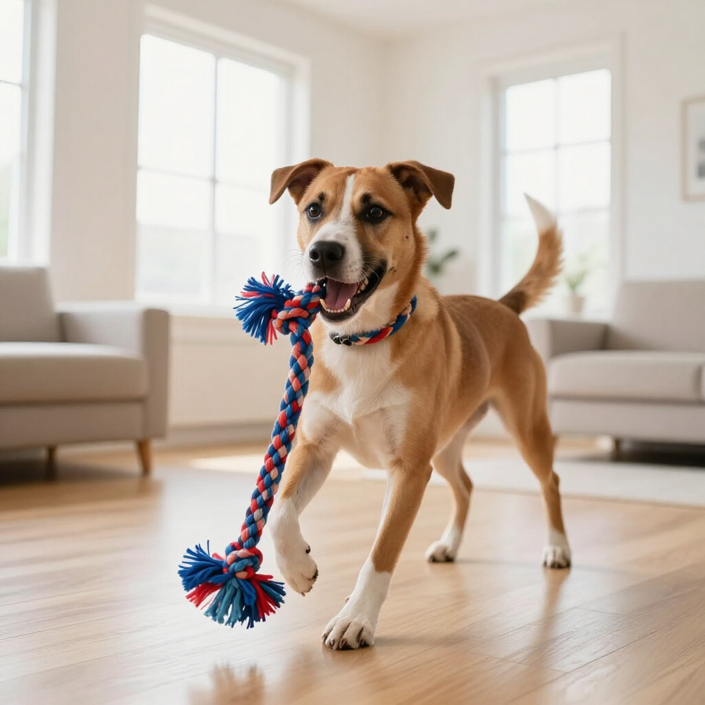 Tan dog holding a red, white, and blue rope toy in a bright living room