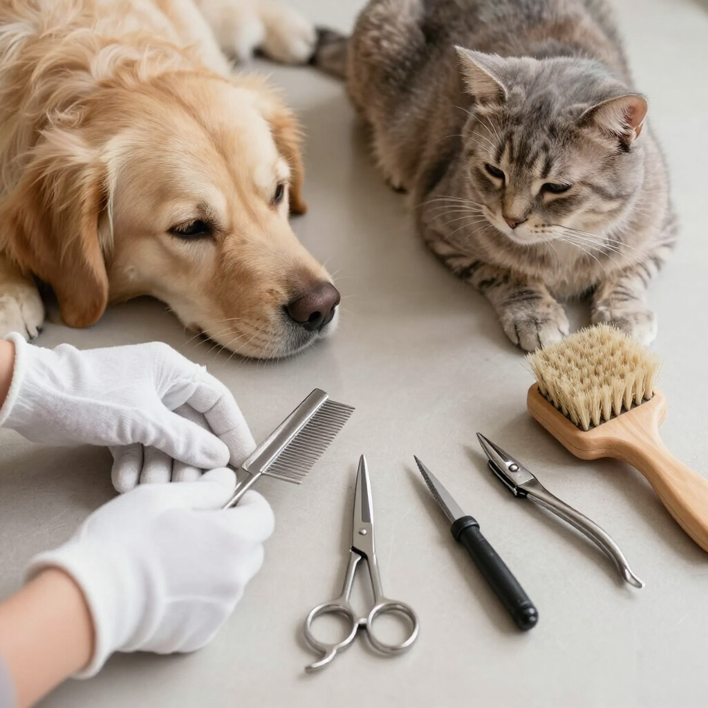 Golden retriever and tabby cat with grooming tools and gloved hands on a table