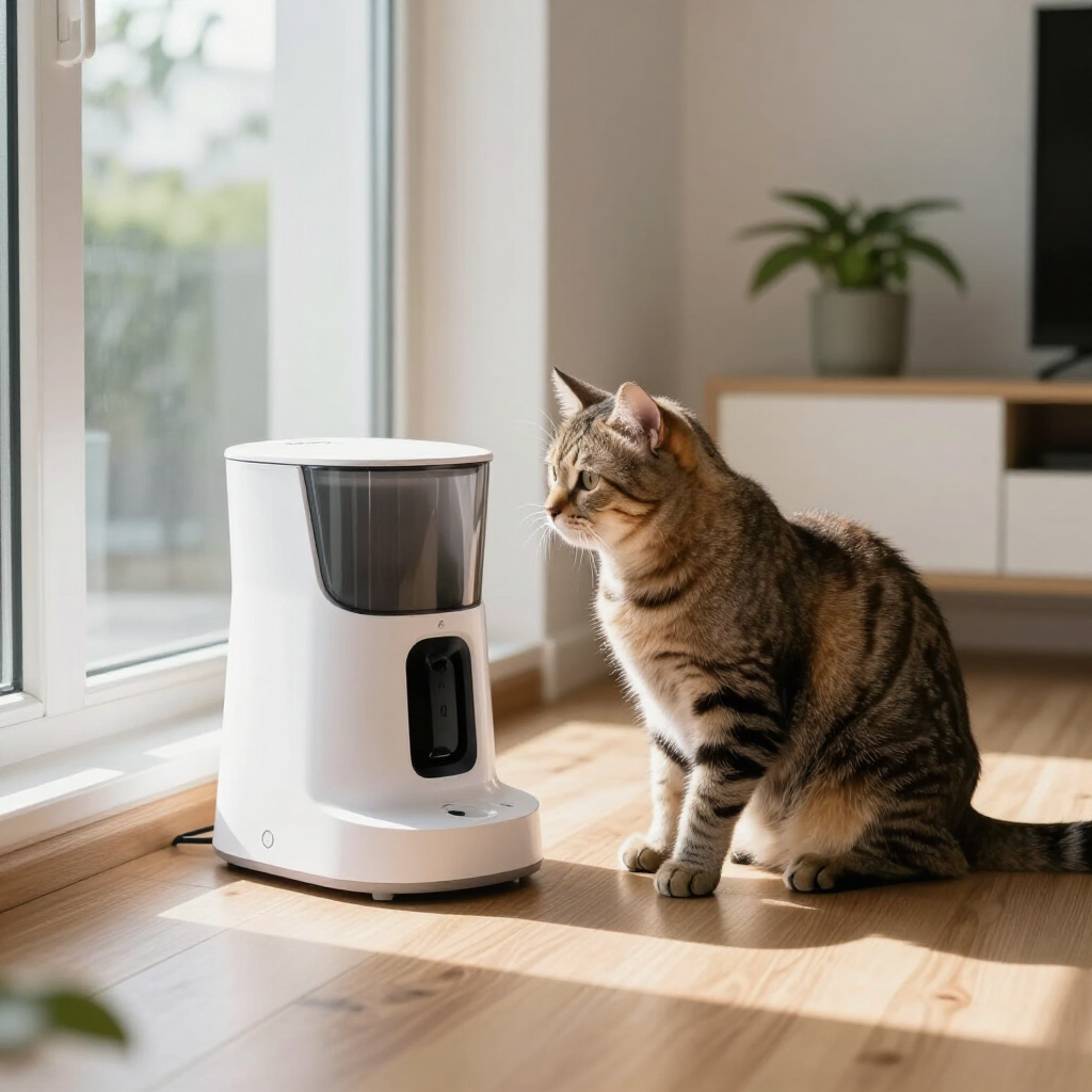Tabby cat beside a white automatic feeder in a sunlit living room near a window