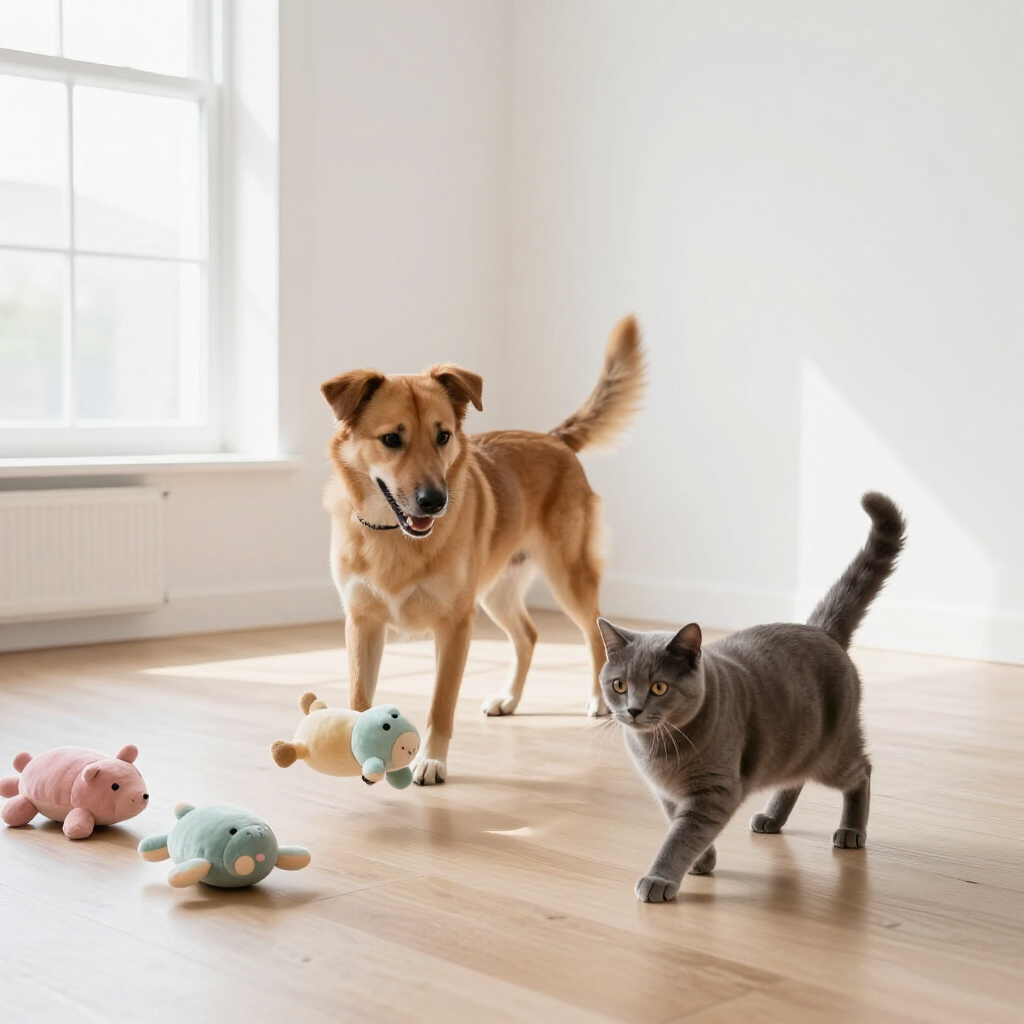 Brown dog and gray cat standing on a bright wooden floor with small stuffed toys nearby