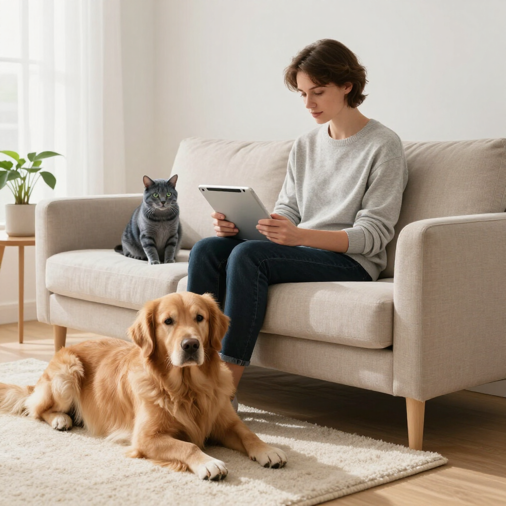Person using a tablet on a couch with a cat, while a golden retriever lies on the rug in a bright living room