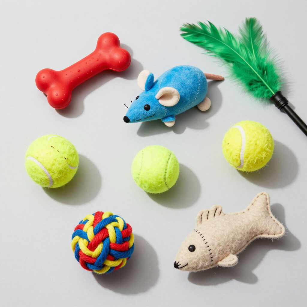 Assorted pet toys on a light surface: red bone, blue mouse, green feather, tennis balls, and rope ball